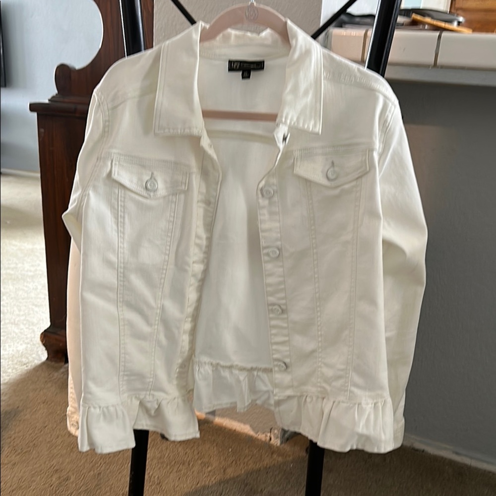 White Denim Jacket with Ruffle Hem